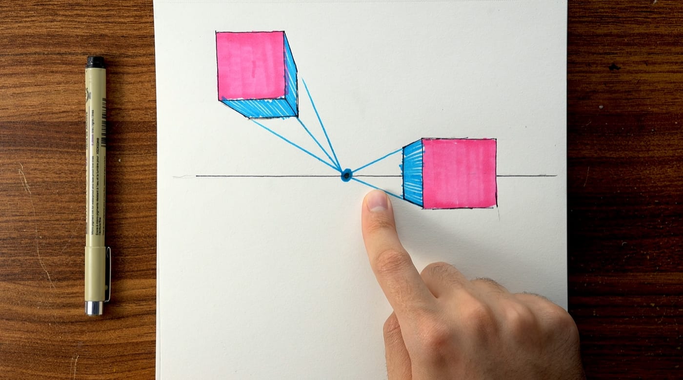 Démonstration colorée d'une perspective à plusieurs points de fuite