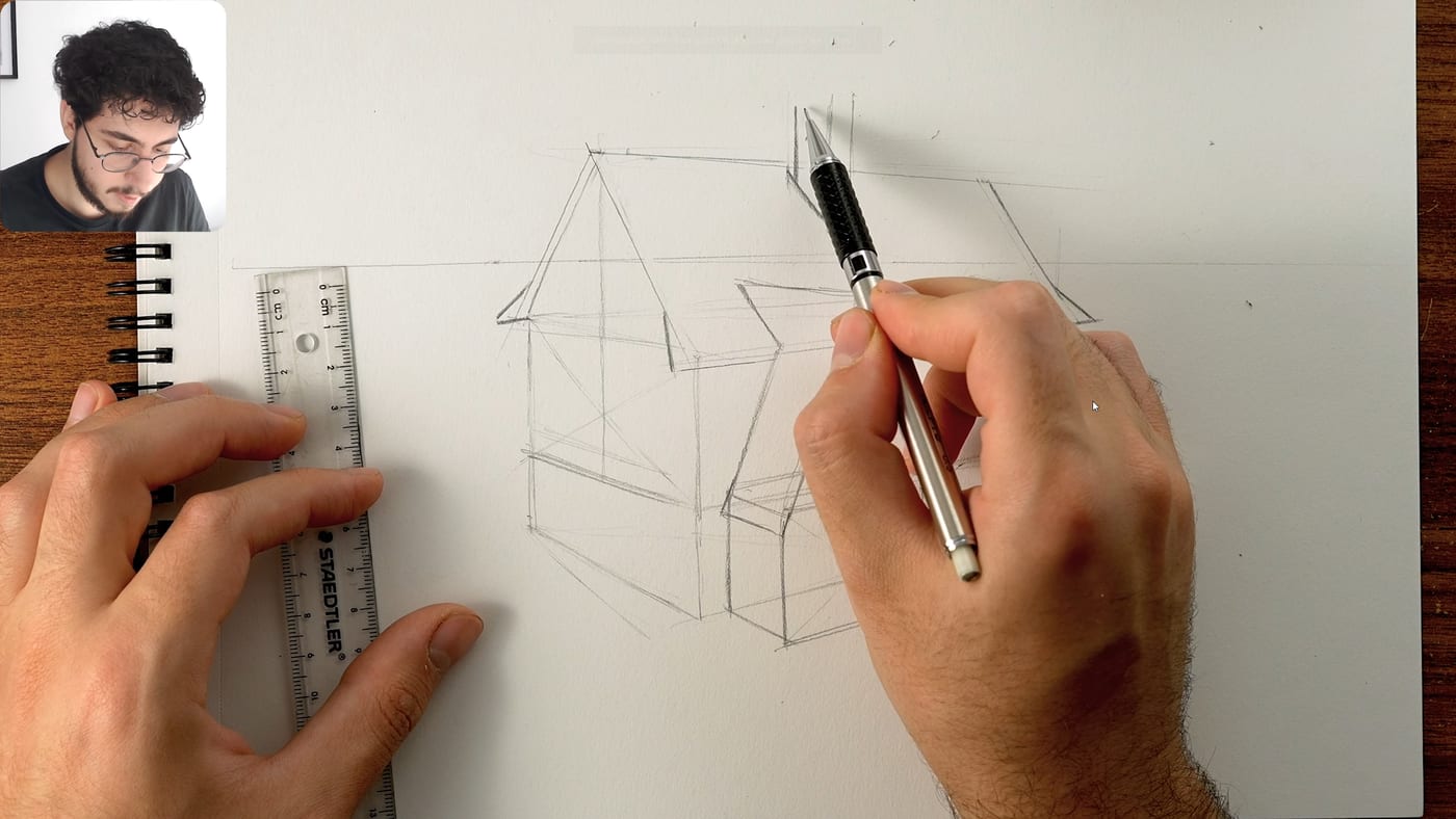 La maison normande dessinée en temps réel dans le carnet