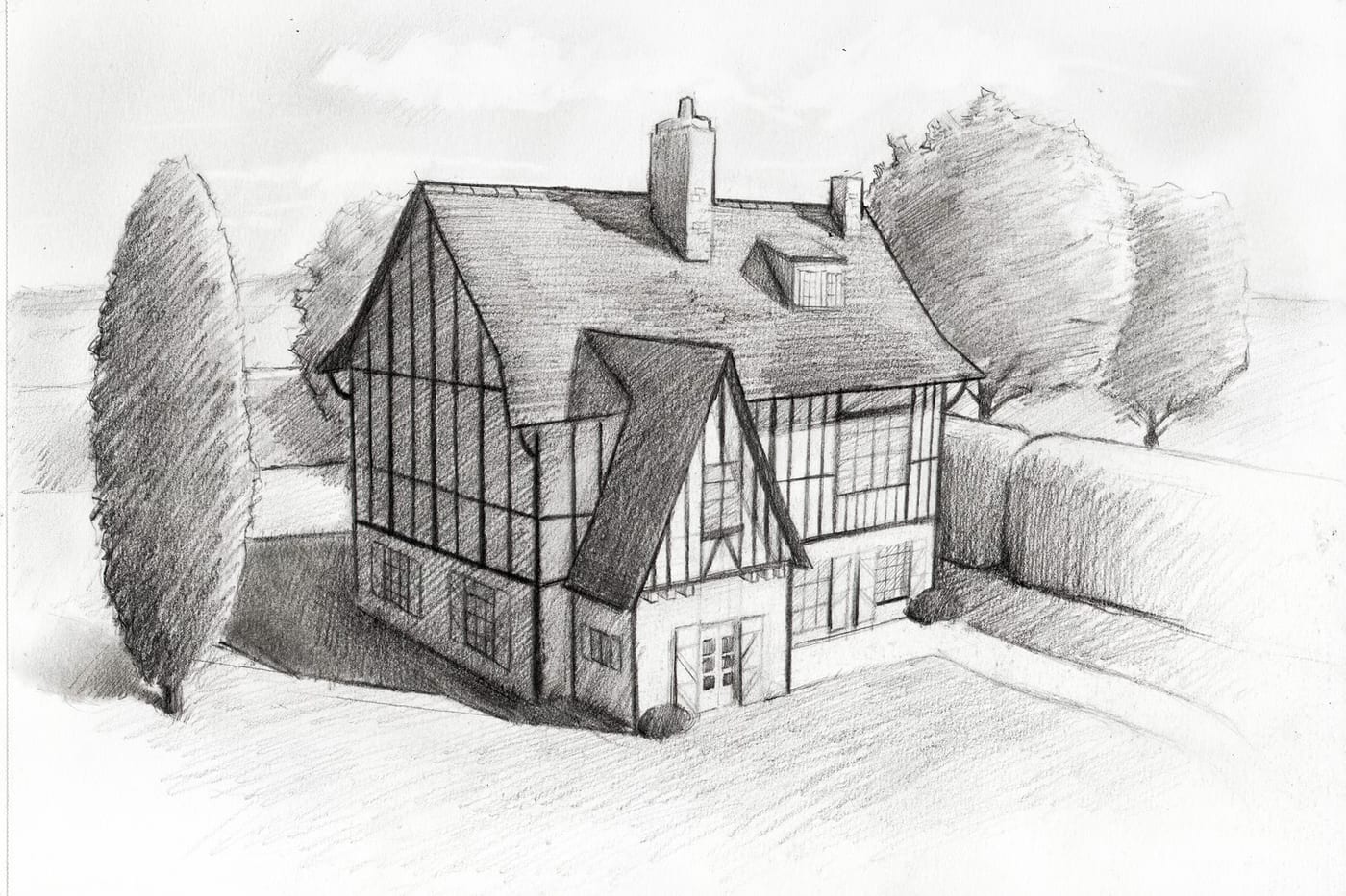 Croquis au crayon d'une maison normande en perspective